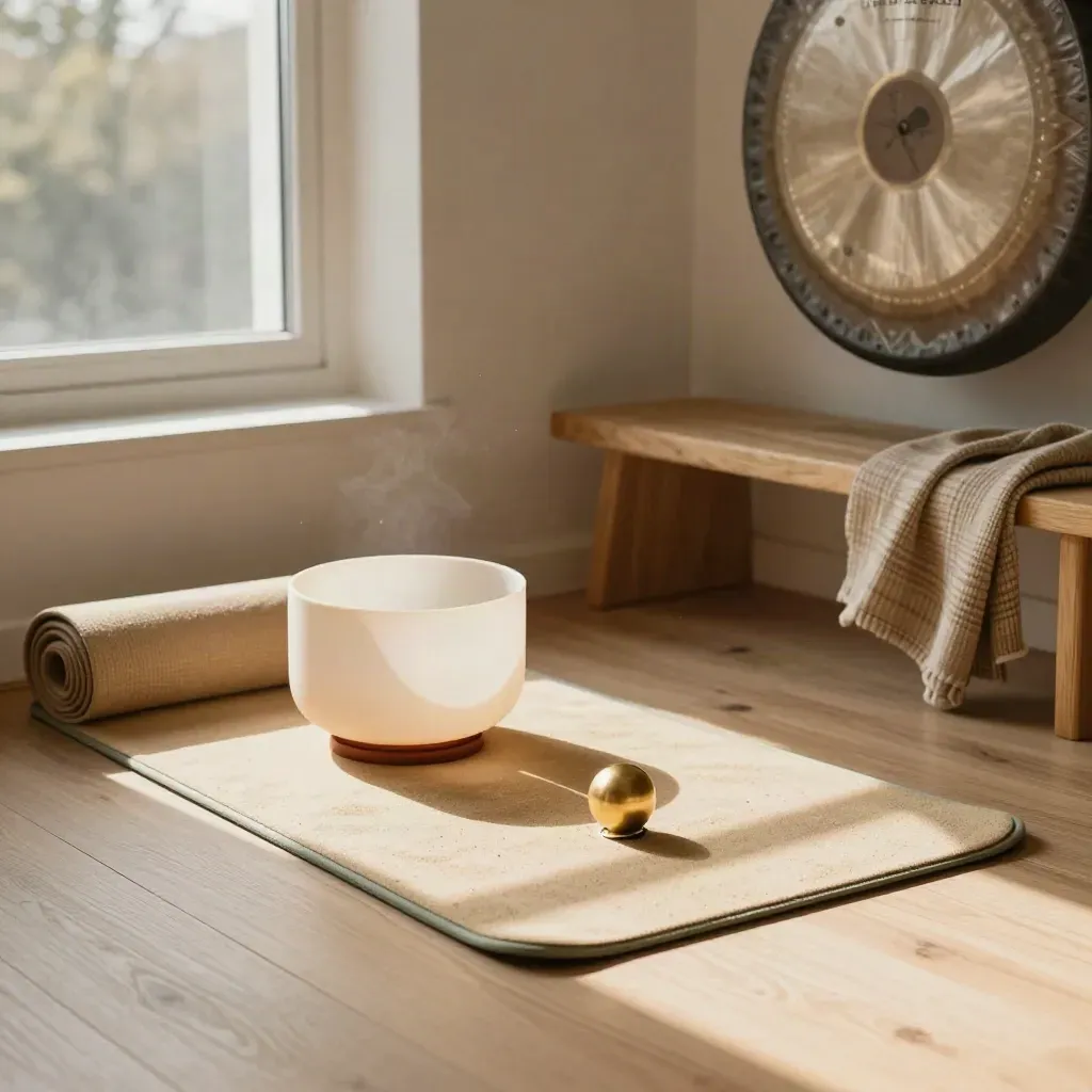 Meditatiemat, gong en plaid in een rustige nis met ochtendlicht.