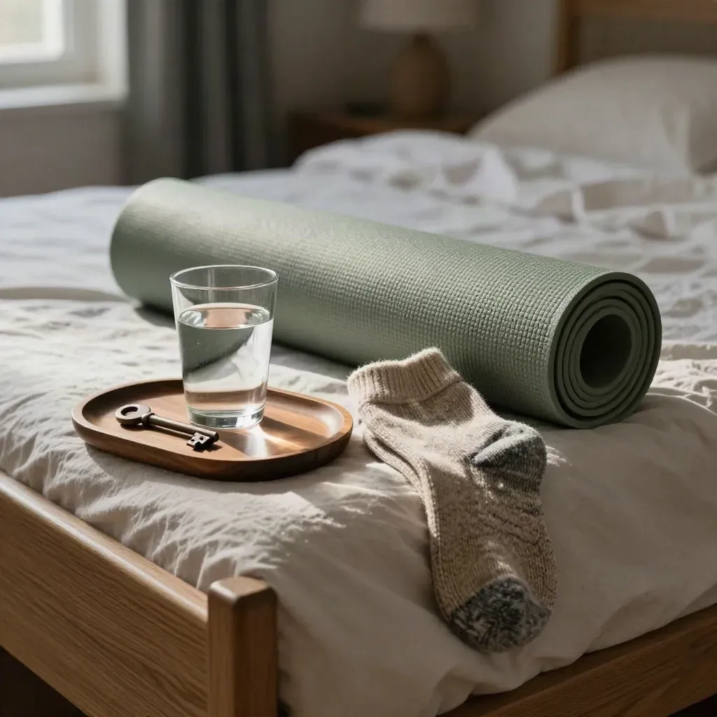 Bedrand met waterglas, opgerolde yogamat, sokken en houten tray in ochtendlicht.