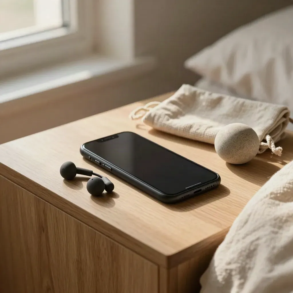 Telefoon met zwart scherm, oordopjes, linnen etui en stenen rustbal op een warm nachtkastje.