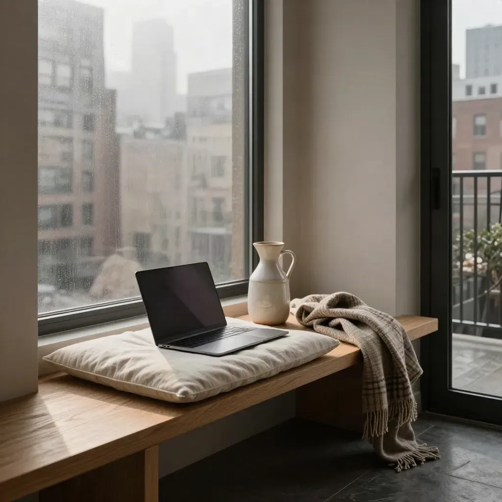 Stille ontbijthoek met meditatiekussen, gesloten laptop en keramische kan in mistig stadslicht.