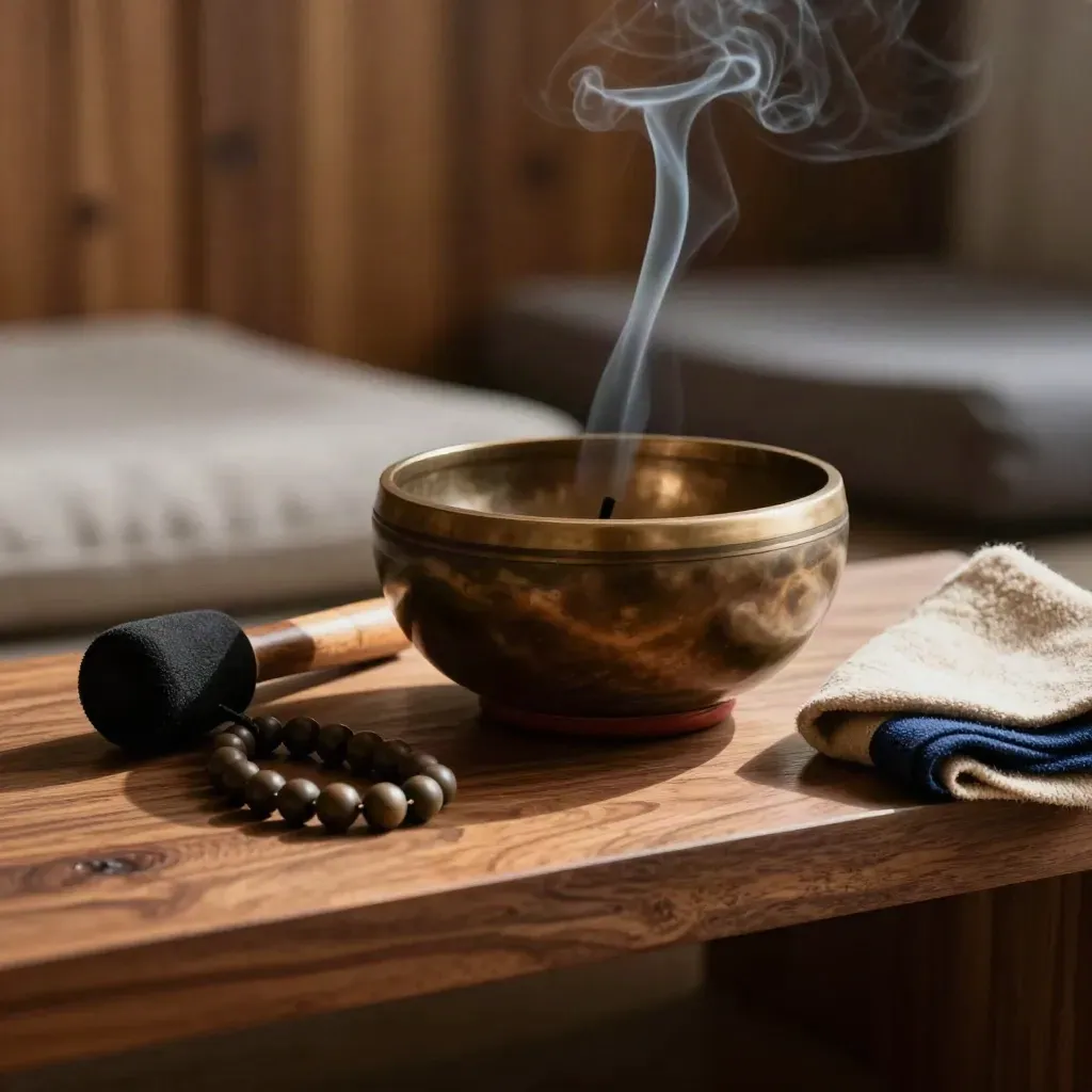 Klankschaal, mala en doeken met wierookrook in een serene meditatie-opstelling