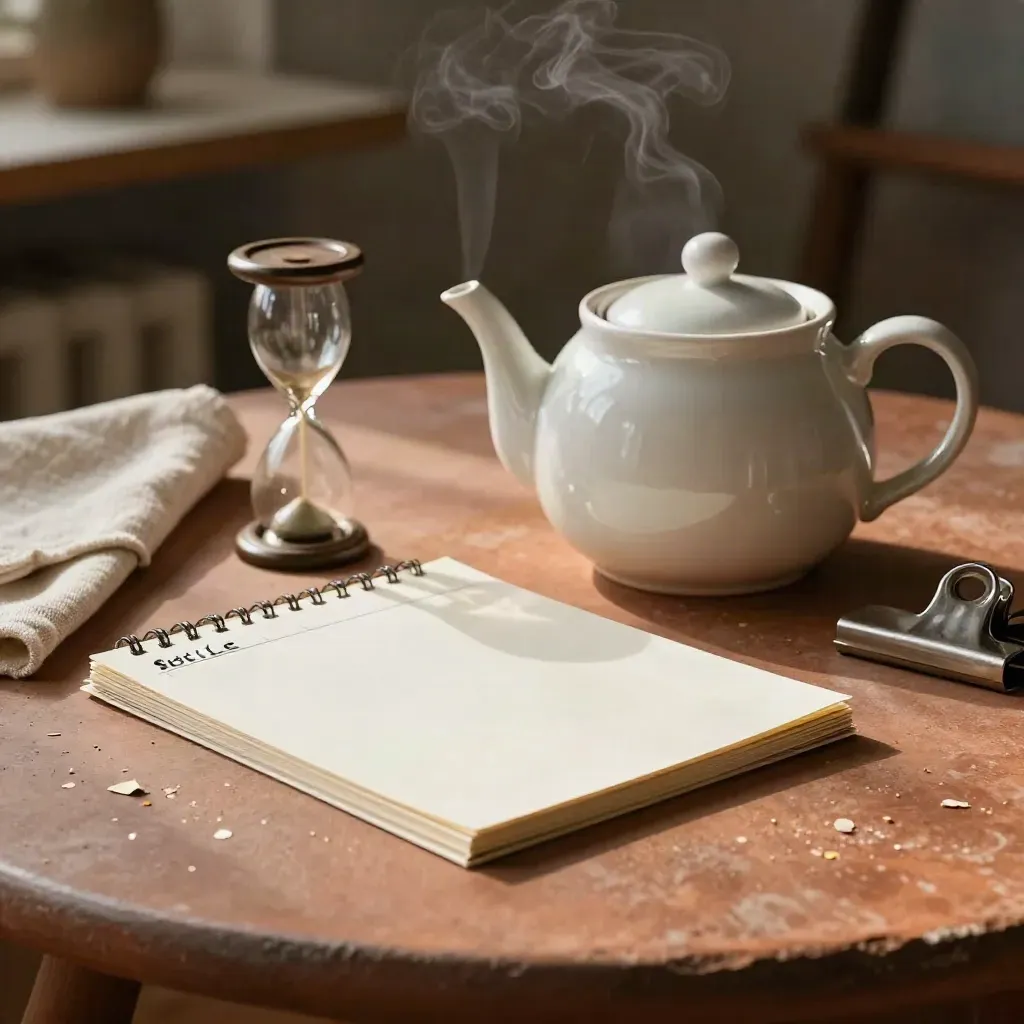 Sessieplanner met theepot, uurglas en kaartjes op een terracotta werkblad met zachte stoom.