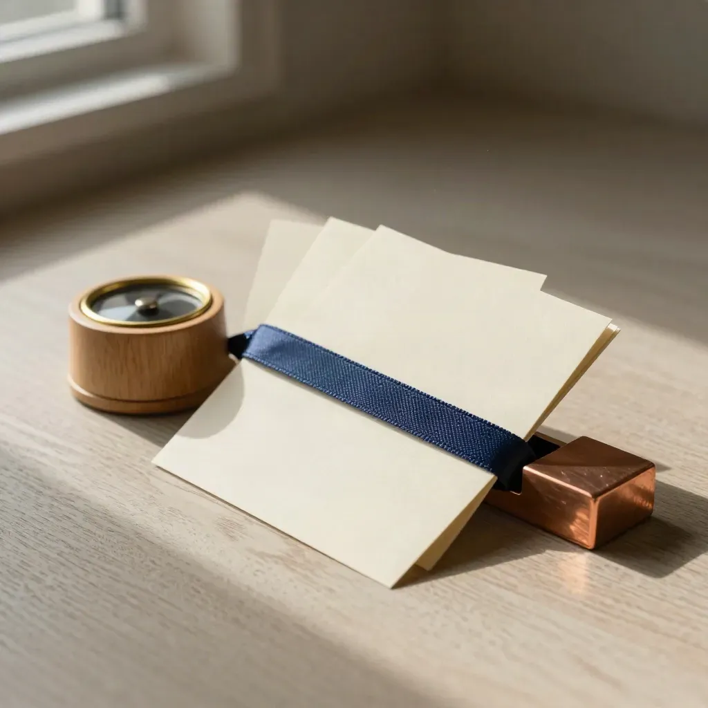 Houten timer, drie kaartjes, blauw lint en koperen paperweight op licht hout.