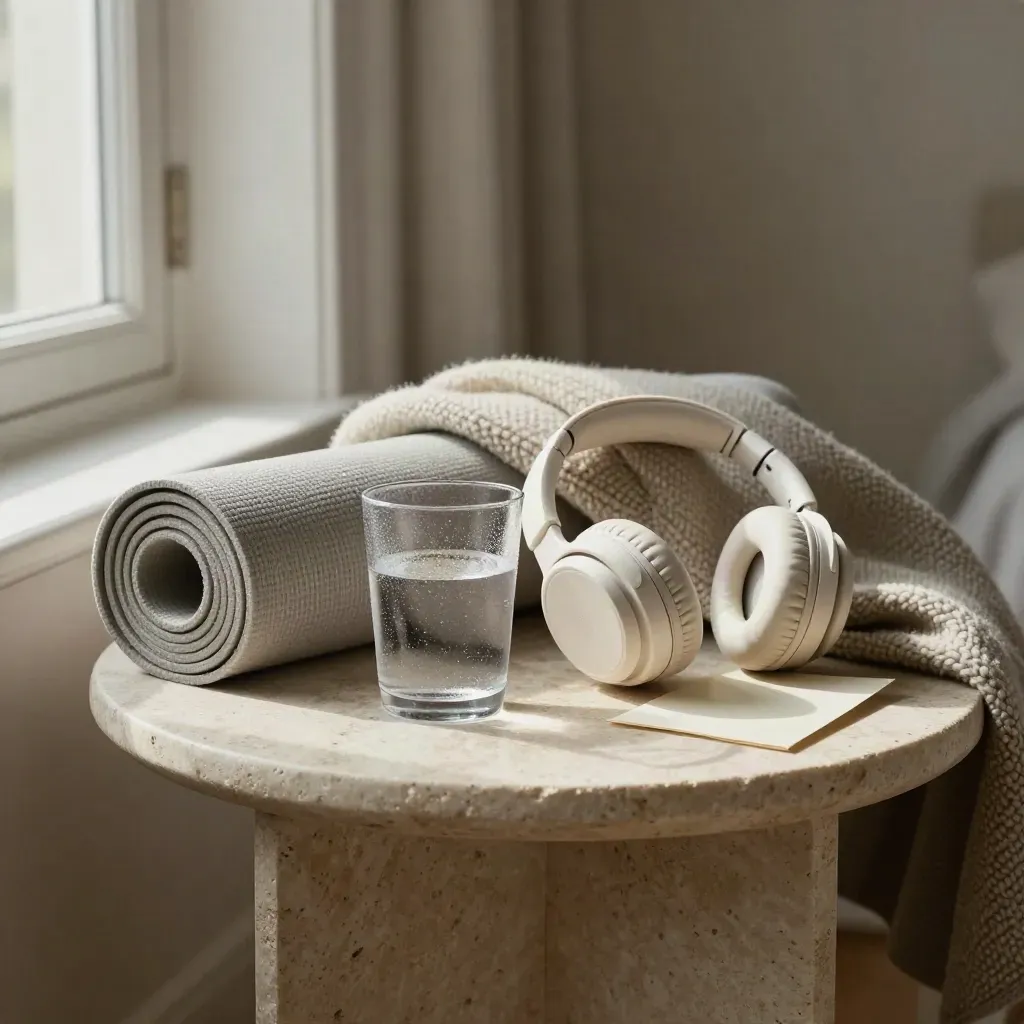 Yoga mat, deken, waterglas en koptelefoon op een stenen bijzettafel in zacht ochtendlicht.