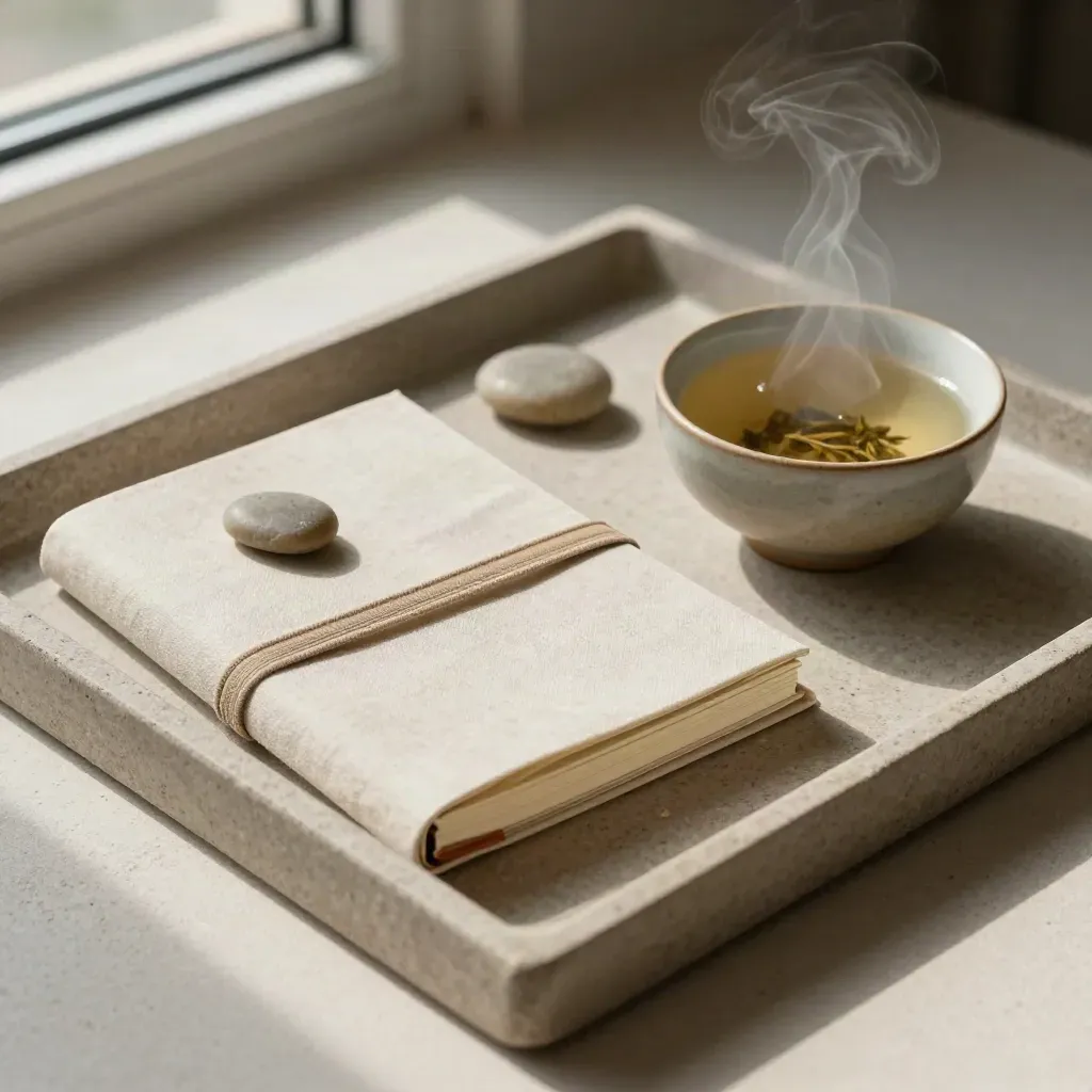 Bovenaanzicht van een stenen tray met routinejournal, stenen, elastiek en dampende thee.