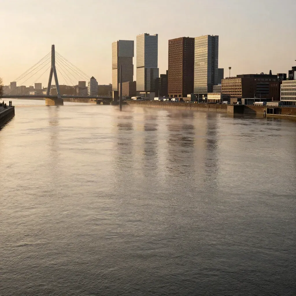 Rotterdamse skyline boven de brede rivier in warm gouden licht met zachte mist en stille kades